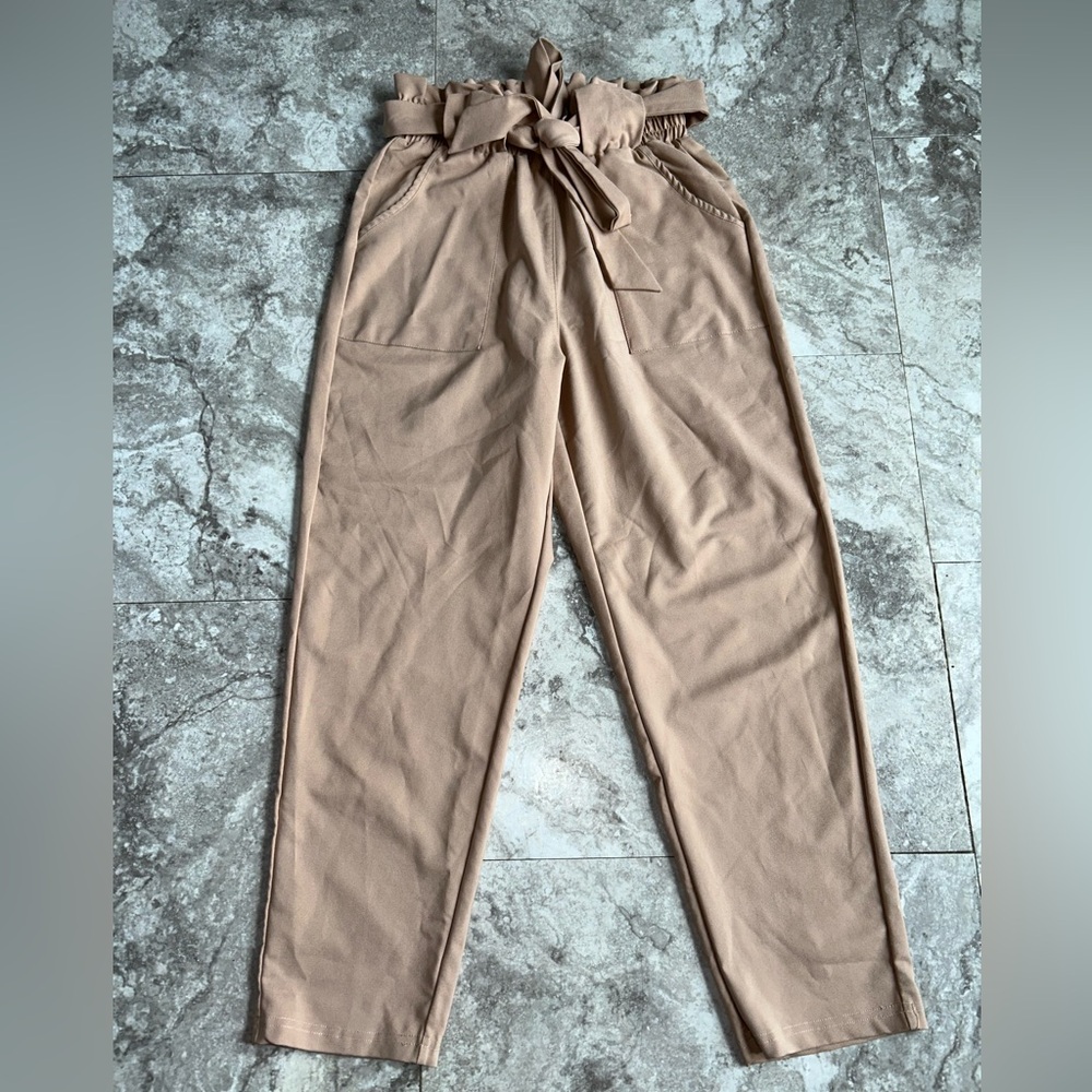 Freeprance High-Waisted Paperbag Waist Pants with Tie Belt Small